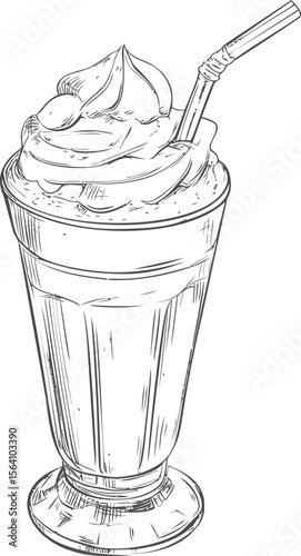 Illustration of milkshake in tall glass with straw and whipped cream. Vector illustration in sketch style