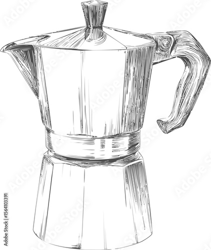Line art of a classic moka pot with detailed handle and spout design. Vector illustration in sketch style
