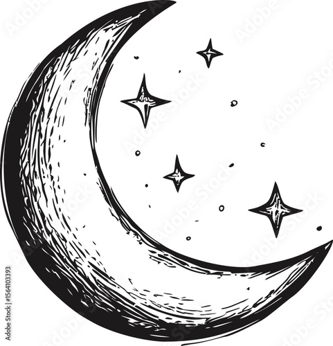 Vintage crescent moon and stars in black and white sketch style. Vector illustration