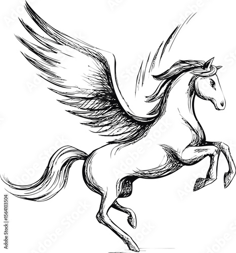 Black and white sketch of a flying pegasus with detailed wings. Vector illustration
