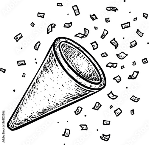 Hand-drawn illustration of a party popper with confetti explosion, black and white. Vector illustration in sketch style