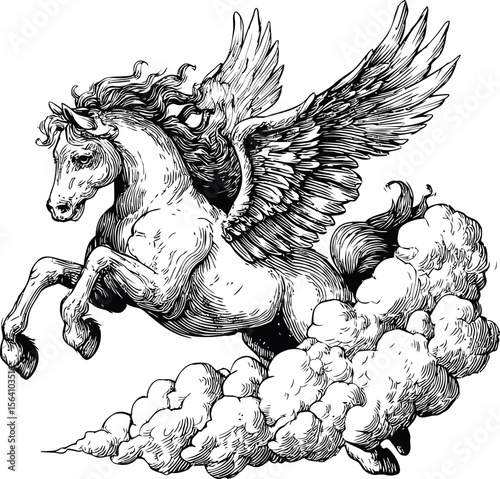 Winged horse with flowing mane galloping through clouds in black and white sketch. Vector illustration