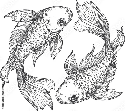 Two intricately detailed koi fish in symmetrical swimming pose, black and white sketch style. Vector illustration