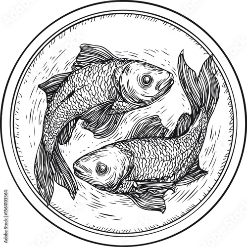 Two koi fish in yin yang circular design, hand-drawn black and white. Vector illustration in sketch style