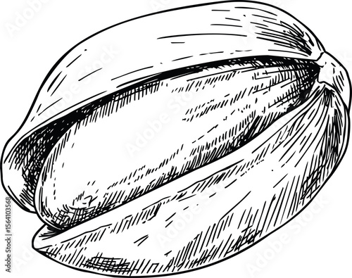 Black and white sketch of a single opened pistachio nut with detailed textures. Vector illustration