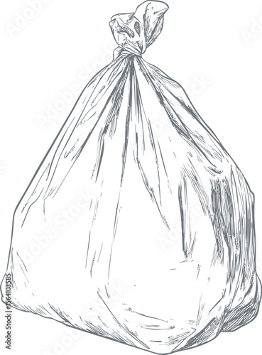 Line drawing of a tied large garbage bag with detailed shading. Vector illustration in sketch style