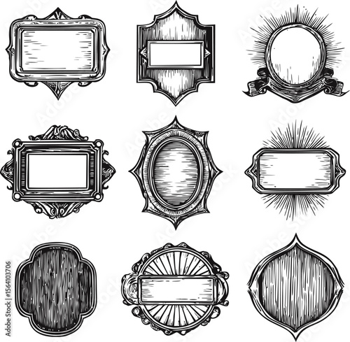 Vintage black and white ornate frames collection with intricate details. Vector illustration in sketch style