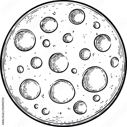Black and white sketch of the moon with craters, vintage astronomy illustration. Vector illustration