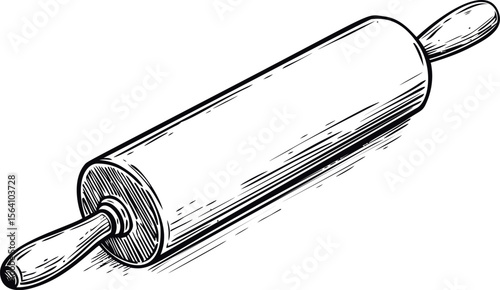 Wooden rolling pin with handles in black and white. Vector illustration in sketch style