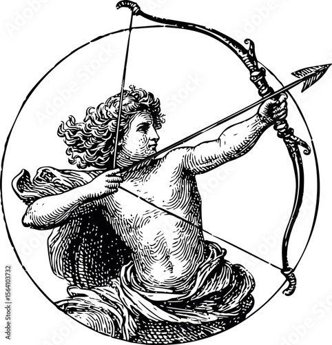 Vintage illustration of archer pulling bowstring in circular frame. Vector illustration in sketch style