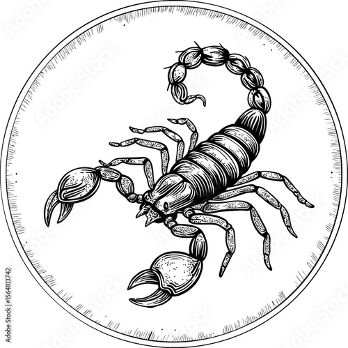 Intricate black ink illustration of a scorpion in circle design. Vector illustration in sketch style