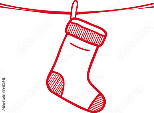 Red Christmas stocking hanging on a line in minimalist. Vector illustration in sketch style