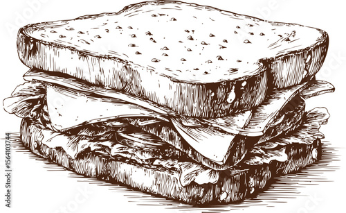 Vintage sketch of a detailed sandwich with layers of ingredients. Vector illustration