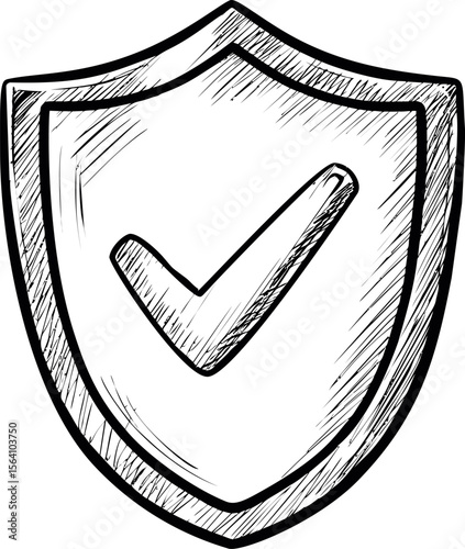 Shield illustration with check mark symbolizing security and protection. Vector illustration in sketch style