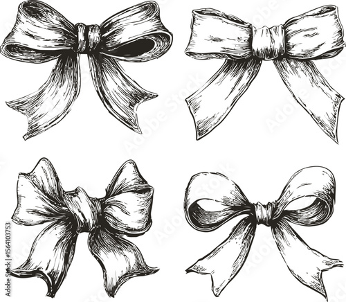 Elegant monochrome sketch of decorative fabric bows with intricate details. Vector illustration