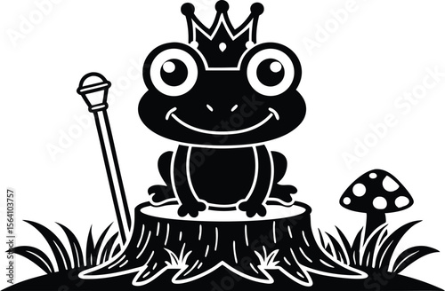 Whimsical Frog Prince Illustration With Mushroom, Scepter, and Crown in a Forest Clearing on a Tree Stump