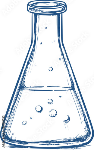 Hand-drawn blue laboratory flask with liquid and bubbles. Vector illustration in sketch style