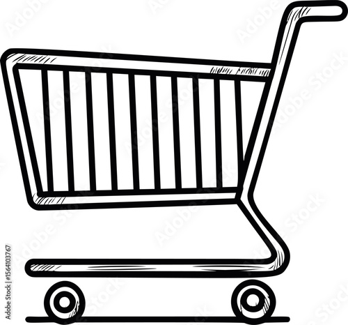 Black and white sketch of a classic shopping cart with wheels. Vector illustration