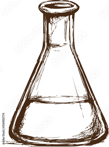 Sketch of an empty laboratory flask with detailed lines, scientific. Vector illustration