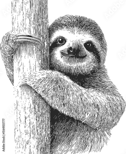 Pen and ink drawing of sloth hugging tree trunk with detailed texture. Vector illustration in sketch style