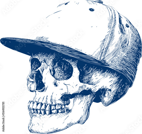 Sketched human skull wearing a baseball cap, monochrome blue vector illustration