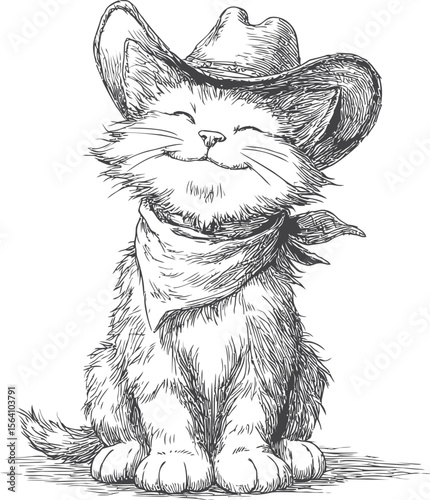 Adorable illustrated cat wearing cowboy hat and scarf with happy expression. Vector illustration in sketch style