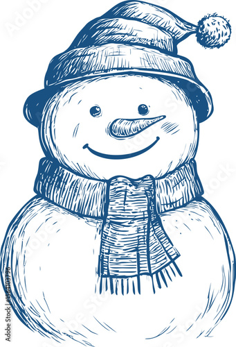 Cheerful snowman illustration wearing hat and scarf in blue sketch style. Vector illustration