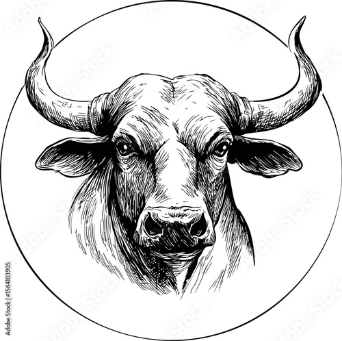 Detailed pen drawing of a bull head with horns in black and white sketch style. Vector illustration
