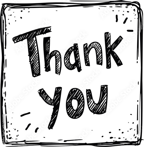 Black and white hand-drawn thank you note with decorative doodles. Vector illustration in sketch style