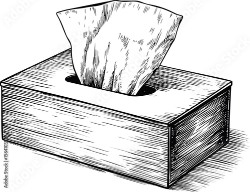 Wooden tissue box with single tissue sketch in black and white, hand-drawn style. Vector illustration