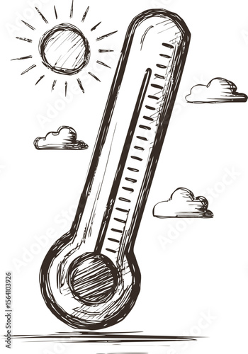 Vintage style sketch of a thermometer with sun and clouds in sepia tones. Vector illustration