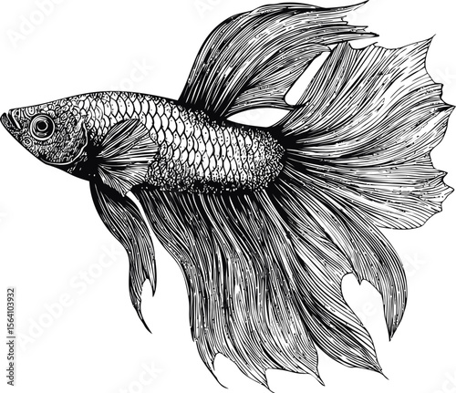 Intricate black and white illustration of a betta fish with flowing fins. Vector illustration in sketch style