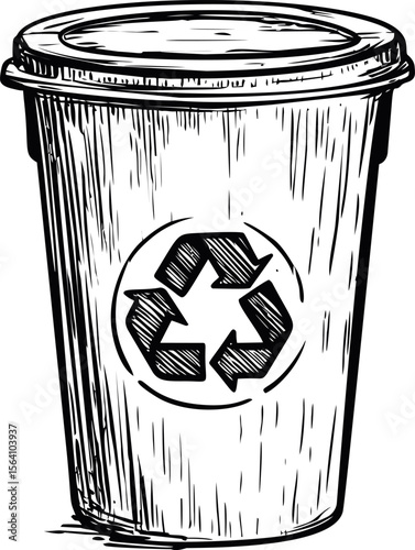 Recycling bin sketch with recycle symbol in black and white. Vector illustration