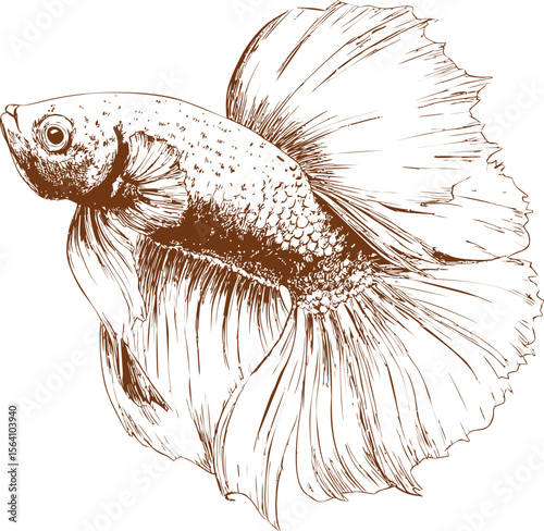 Detailed sepia sketch of a betta fish with flowing fins. Vector illustration