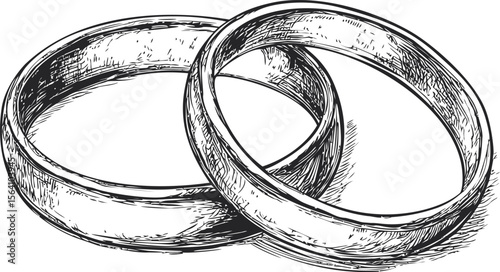 Black and white illustration of two intertwined wedding rings. Vector illustration in sketch style