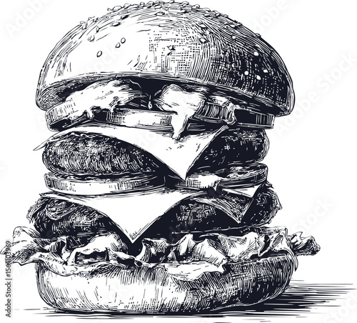Detailed black and white illustration of a stacked cheeseburger with lettuce. Vector illustration in sketch style
