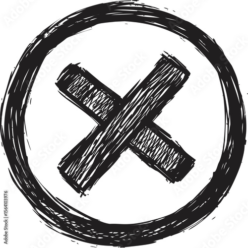 Black hand-drawn cross mark inside a circular scribble sketch, abstract art. Vector illustration