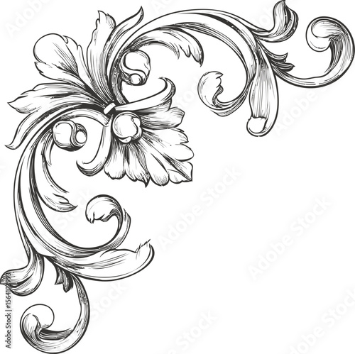 Elegant black and white floral corner design with intricate detailing. Vector illustration in sketch style