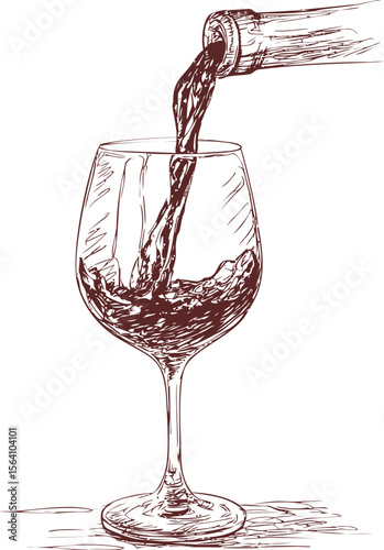 Red wine being poured into a glass sketch illustrating elegance and taste. Vector illustration