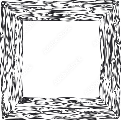 Wooden textured frame with intricate design and empty center, artistic. Vector illustration in sketch style