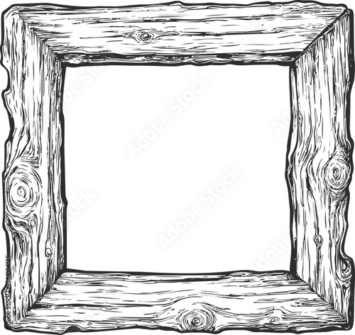 Rustic wooden frame with intricate grain pattern. Vector illustration in sketch style