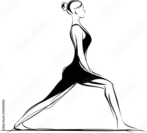 Line art of a woman in a yoga warrior pose with serene expression, art. Vector illustration in sketch style