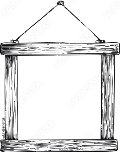 Hand-drawn rustic wooden frame with rope in black and white. Vector illustration in sketch style