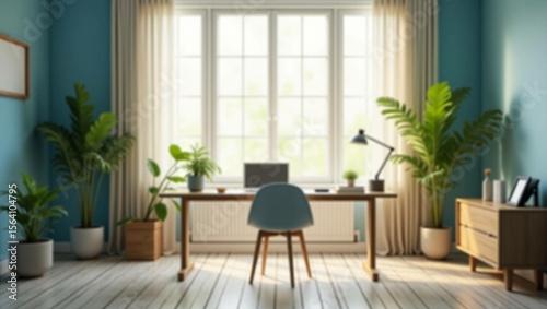 Modern living room interior with contemporary furniture, wooden floor, and large window for natural light