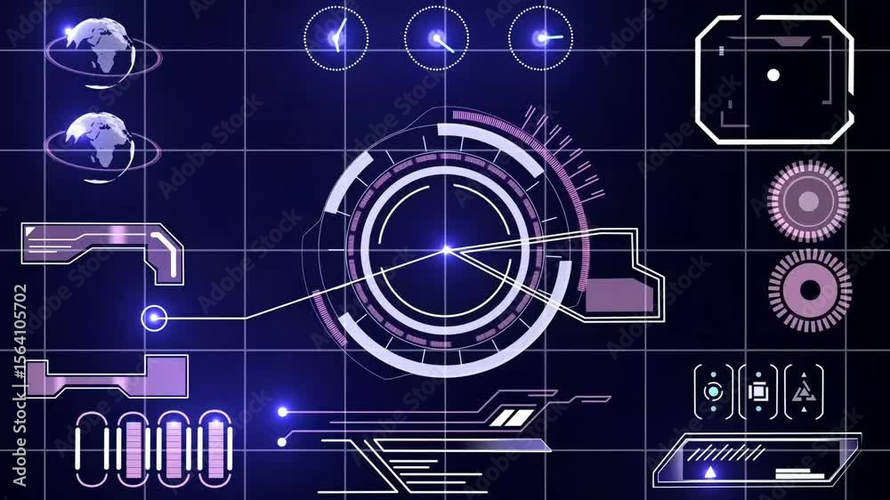 A futuristic heads-up display (HUD) or graphical user interface (GUI) with glowing blue and purple data visualizations, scanners, and control panels on a dark grid background