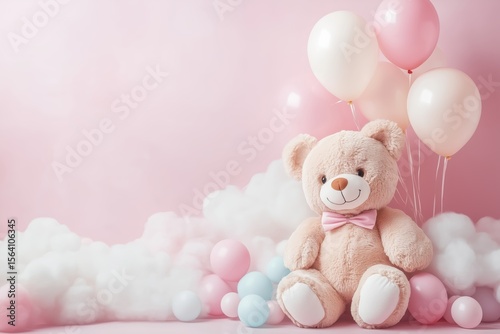 cute teddy bear surrounded by pastel balloons and fluffy clouds for little girl's birthday