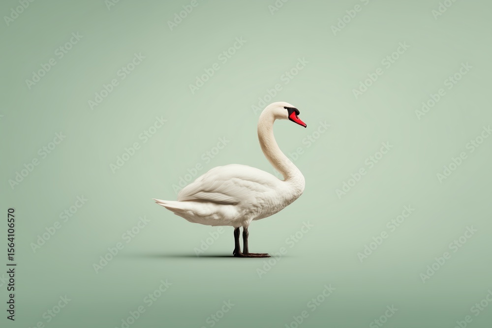 Fototapeta premium graceful white swan standing against pastel green background