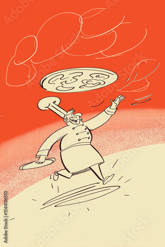 Cartoonish chef tossing pizza dough mid-air, exaggerated motion lines, retro illustration style