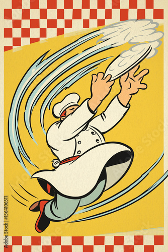 Cartoonish chef tossing pizza dough mid-air, exaggerated motion lines, retro illustration style