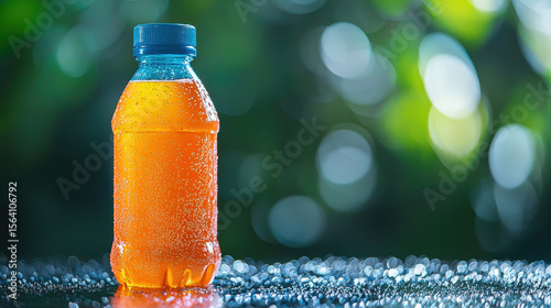 Refreshing sports drink in bottle with condensation, set against blurred green background, evokes hydration and energy